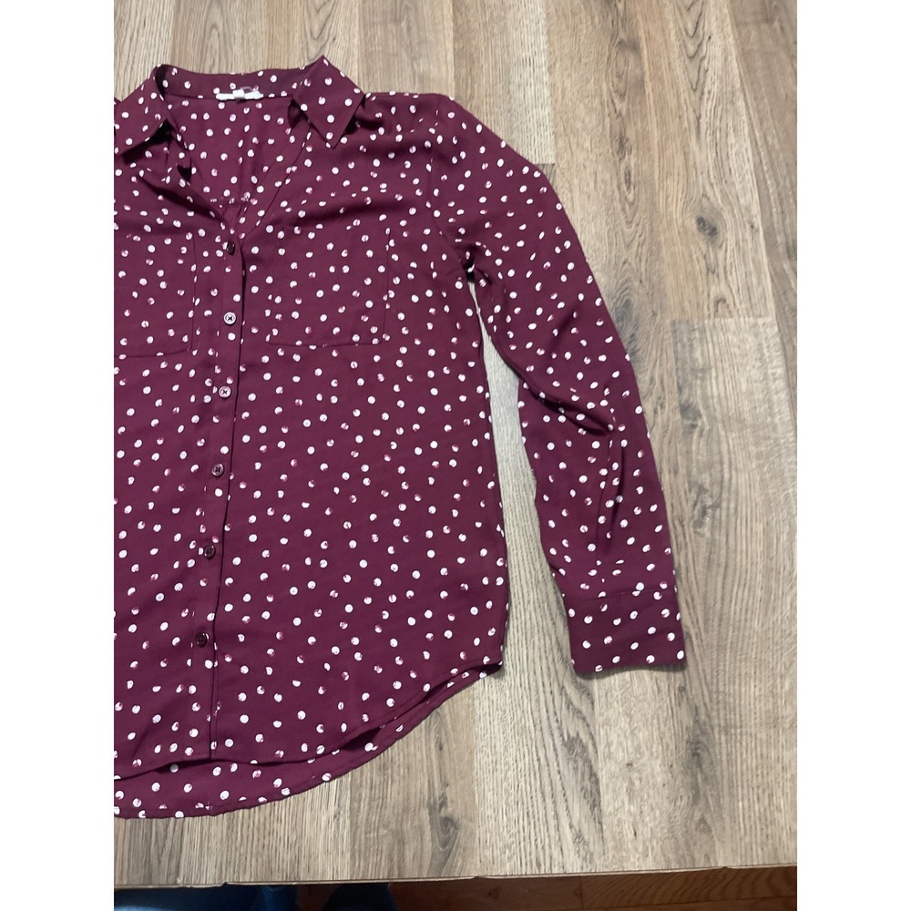 Maurices Blouse, Women's Small, Maroon White Polka Dots Long Sleeve Button Up - Picture 4 of 10